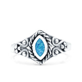 Vintage Style Marquise Lab Created Blue Opal Ring Solid Oxidized 925 Sterling Silver
