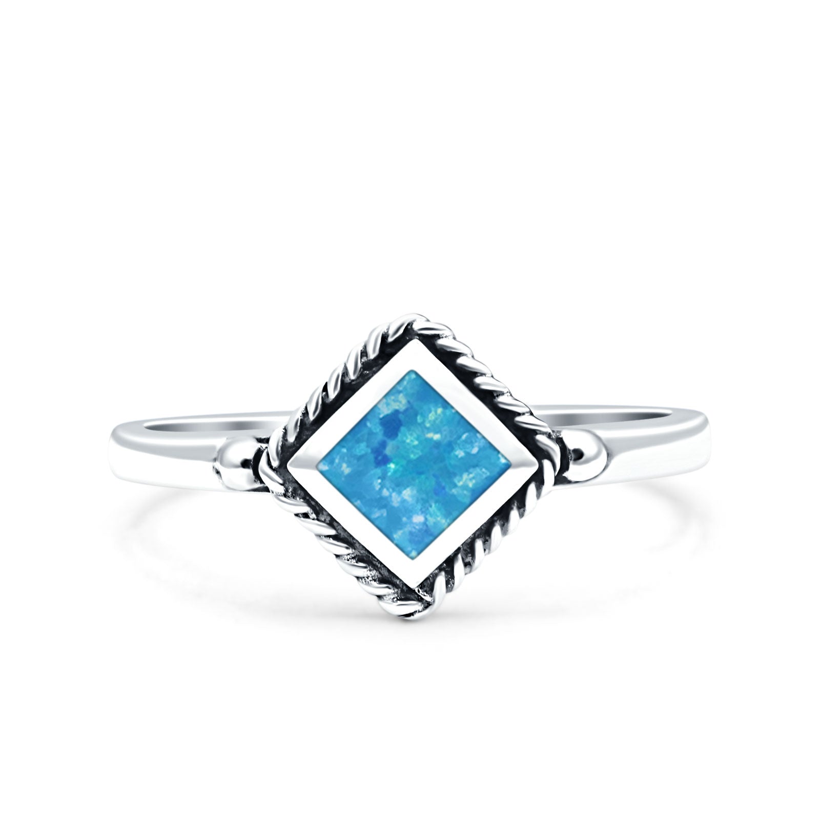 Square Vintage Style Petite Dainty Lab Created Blue Opal Ring Solid Oxidized 925 Sterling Silver