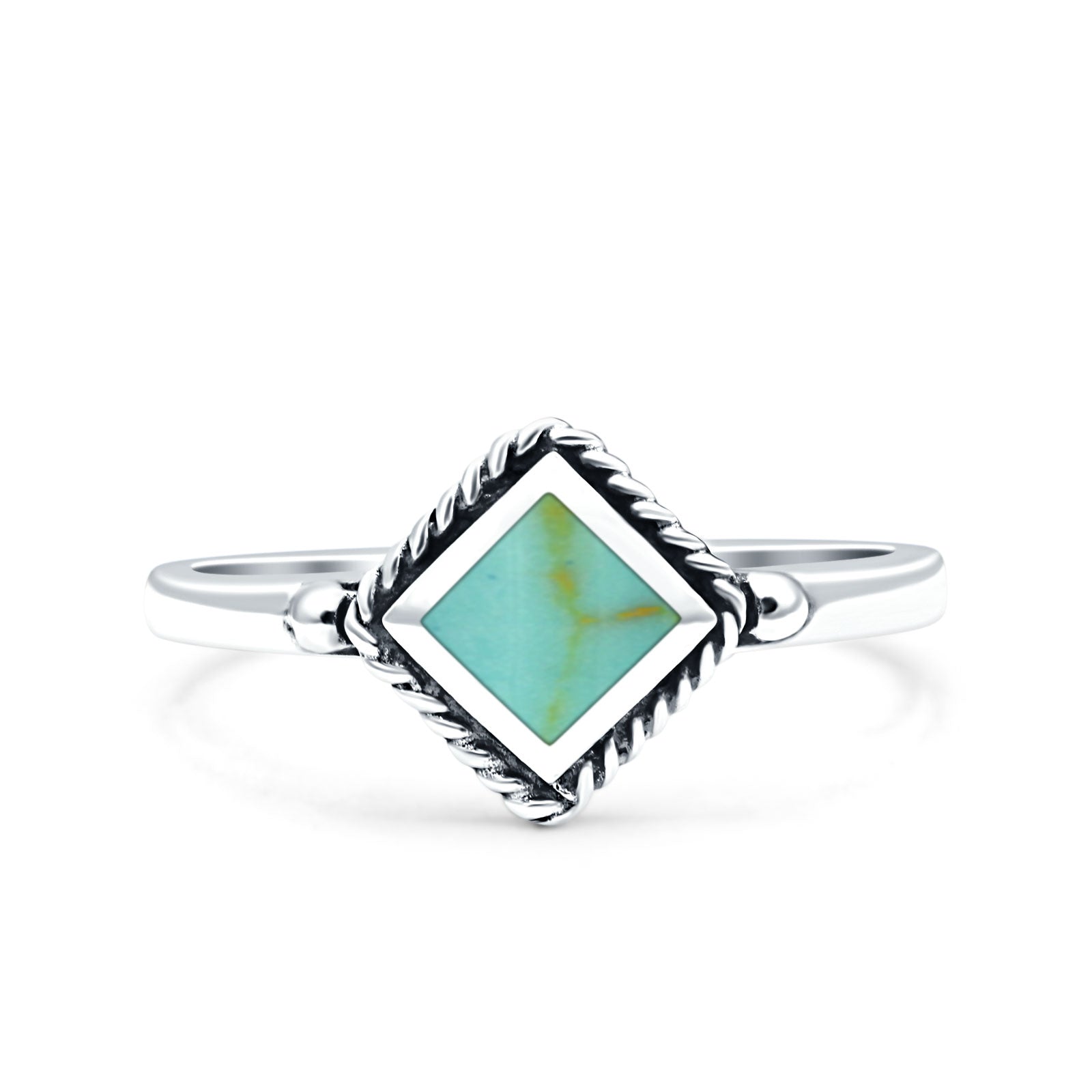 Square Vintage Style Petite Dainty Simulated Turquoise Ring Solid Oxidized 925 Sterling Silver