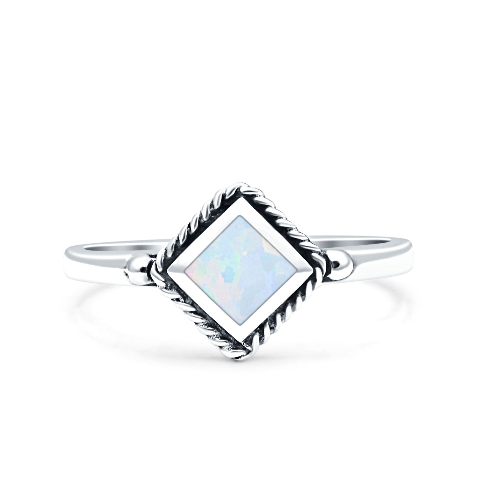 Square Vintage Style Petite Dainty Lab Created White Opal Ring Solid Oxidized 925 Sterling Silver