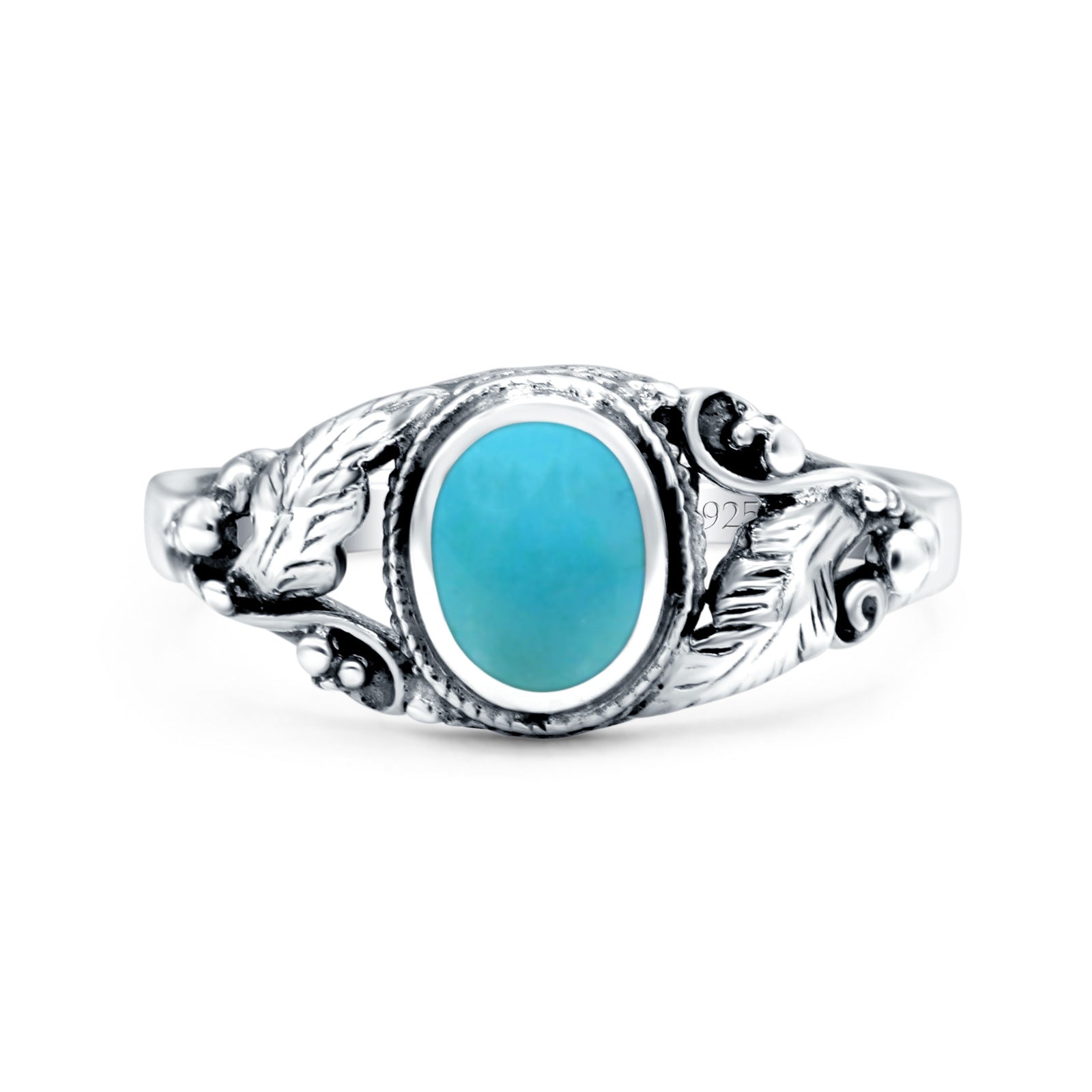 Petite Dainty Vintage Style Oval Simulated Turquoise Ring Solid Oxidized 925 Sterling Silver