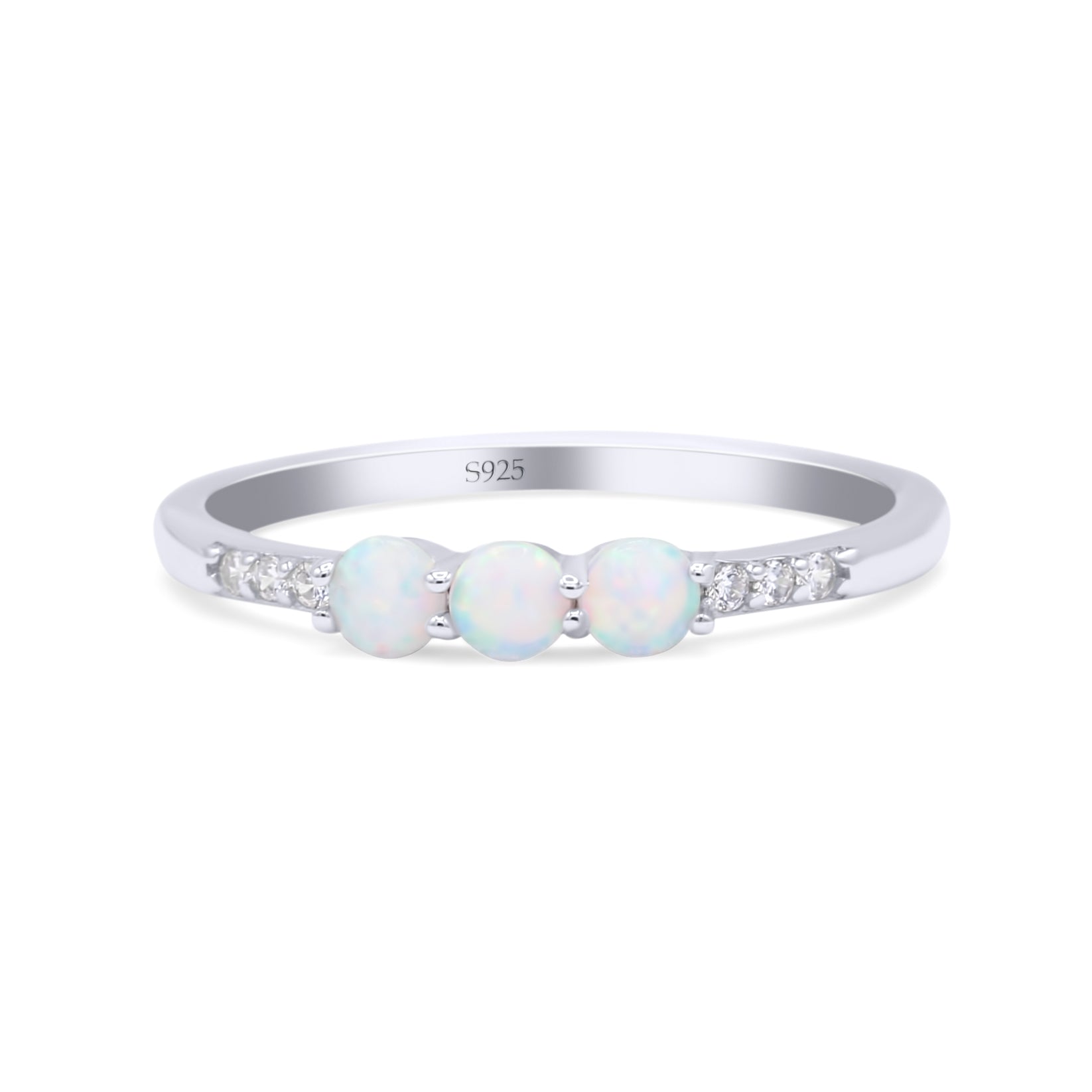 Petite Dainty Three Stone Thumb Ring Round Statement Fashion Ring Lab Created White Opal 925 Sterling Silver