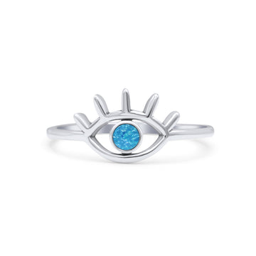 Eye Evil Thumb Ring Round Statement Fashion Ring Lab Created Blue Opal Oxidized Band 925 Sterling Silver