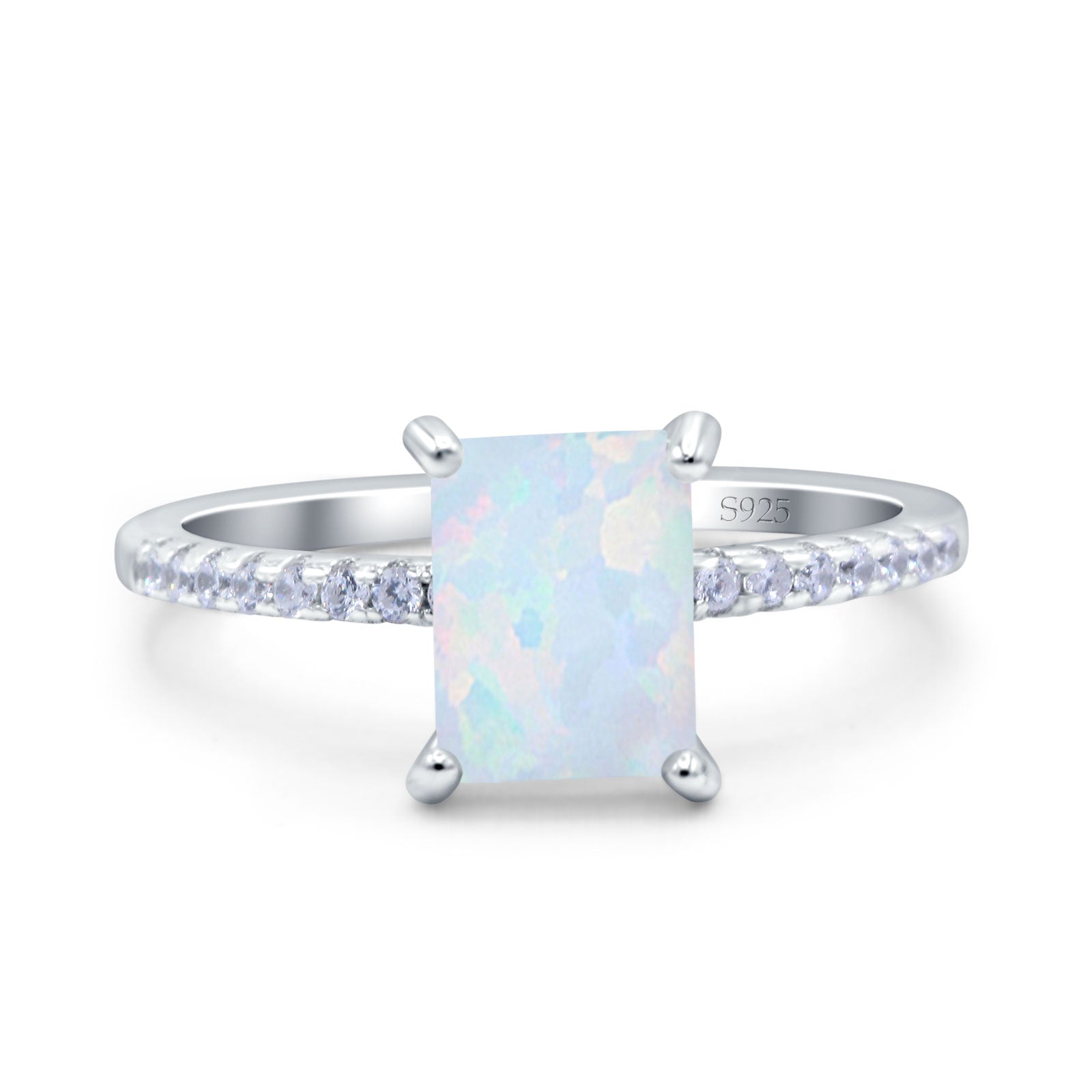 Emerald Cut Art Deco Wedding Ring Lab Created White Opal 925 Sterling Silver