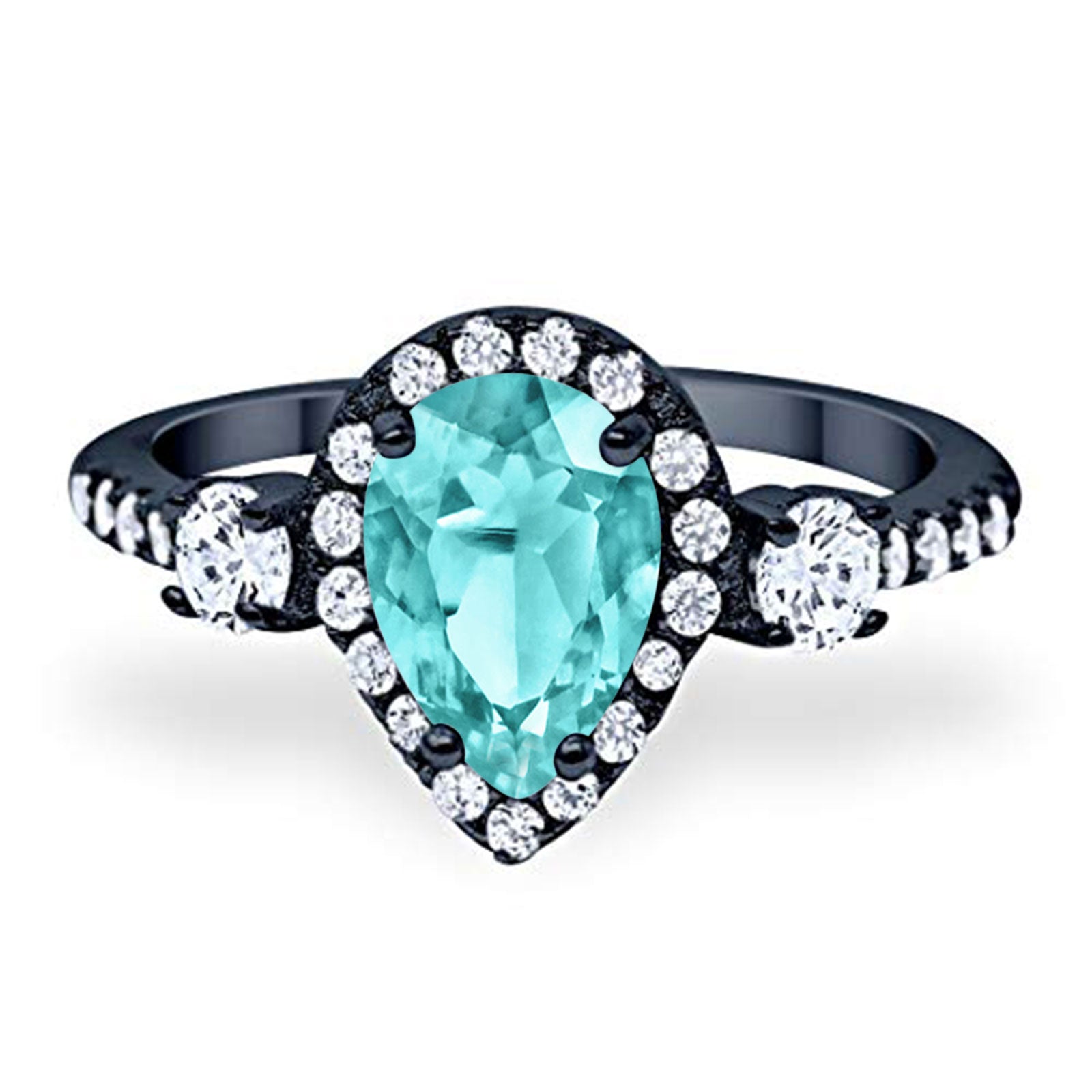 Three Stone Halo Teardrop Pear Fashion Ring Black Tone, Simulated Paraiba Tourmaline CZ 925 Sterling Silver