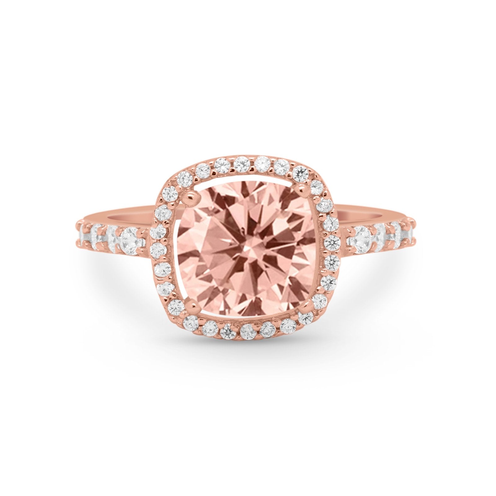 Halo Art Deco Wedding Ring Rose Tone, Simulated Morganite CZ 925 Sterling Silver