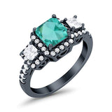 Three Stone Princess Wedding Black Tone, Simulated Paraiba Tourmaline CZ Ring 925 Sterling Silver
