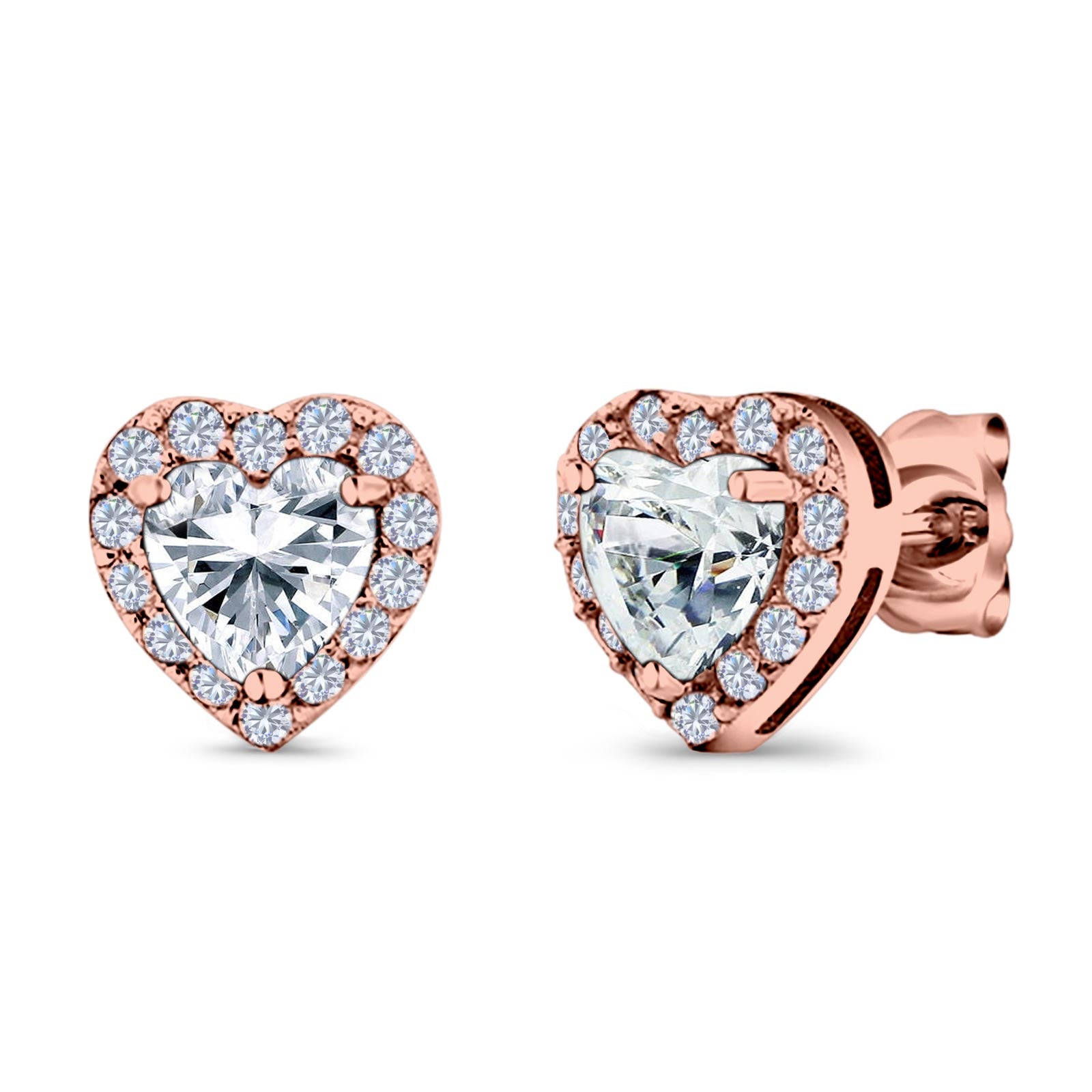 14K Rose Gold Heart Shape Wedding Stud Earrings Simulated Cubic Zirconia (10mm)