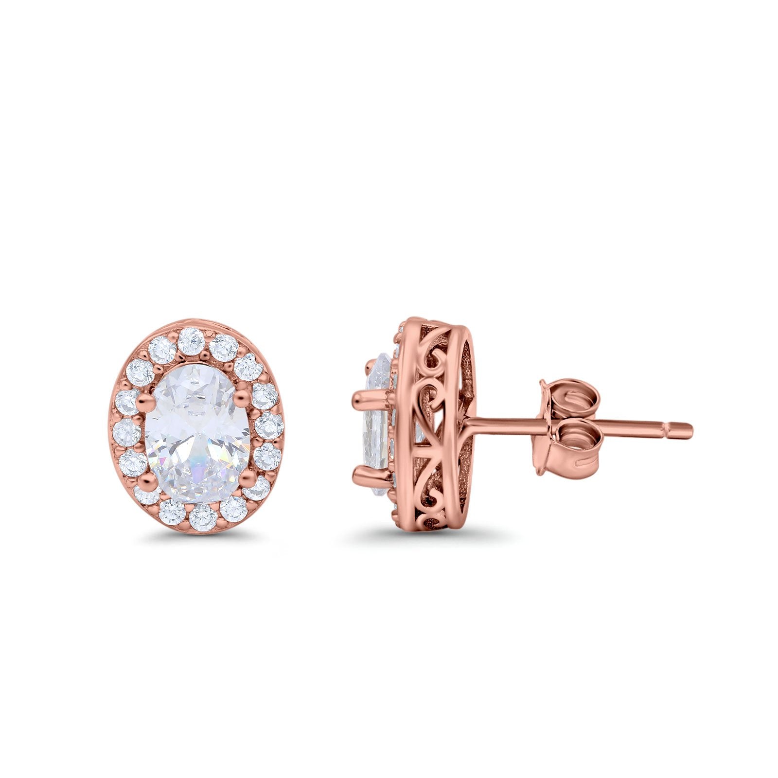 14K Rose Gold Wedding Stud Earrings Oval Simulated Cubic Zirconia (11mm)