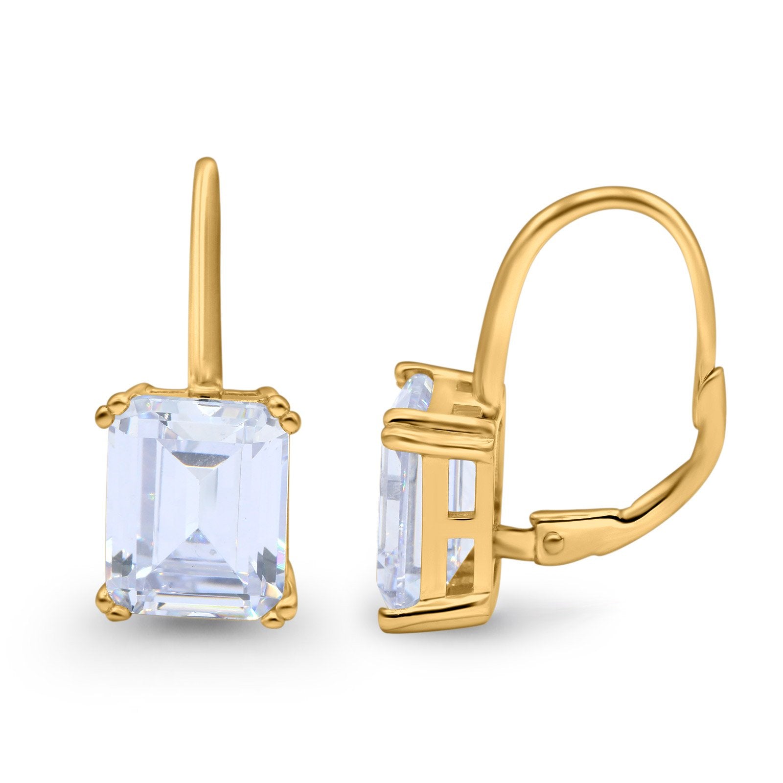 Cushion Cut Dangling Leverback Wedding Earrings Yellow Tone, Simulated CZ 925 Sterling Silver (20mm)