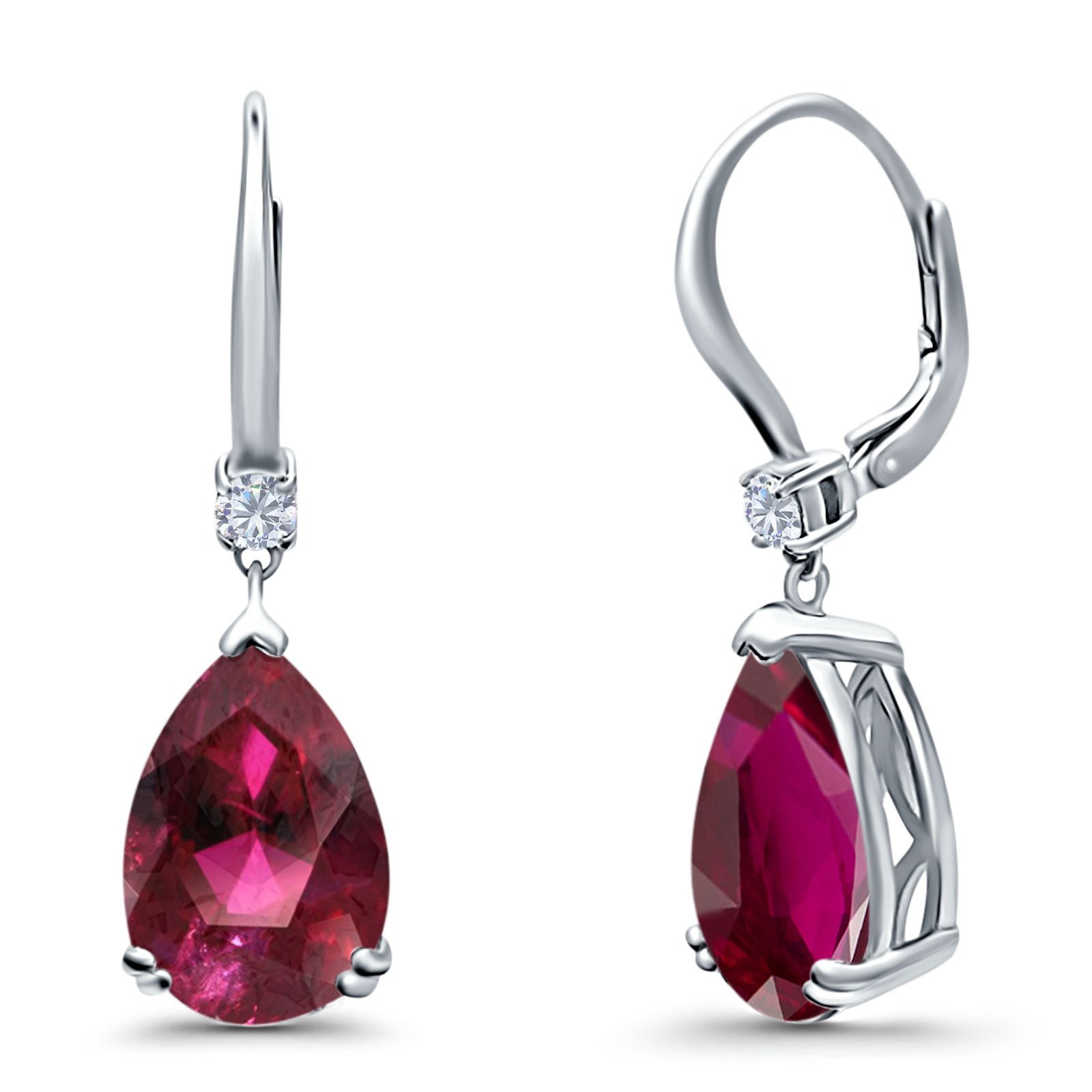 Pear Shape Dangling Leverback Earrings Wedding Simulated Ruby CZ 925 Sterling Silver (22mm)
