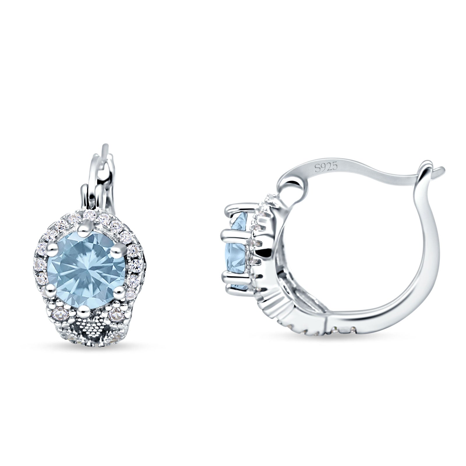 Halo Round Huggie Hoop Earrings Simulated Aquamarine 925 Sterling Silver Wholesale