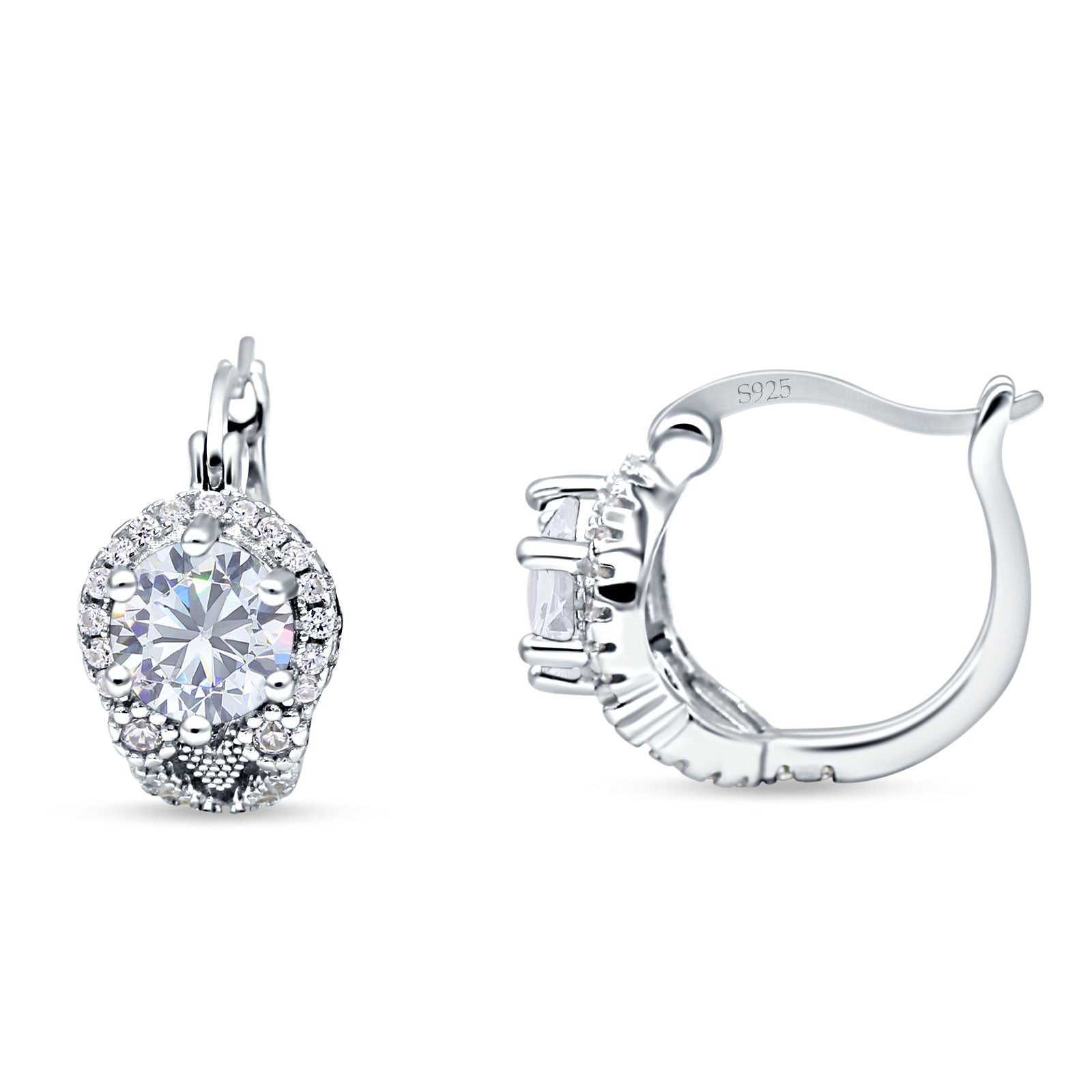 Halo Round Huggie Hoop Earrings Cubic Zirconia 925 Sterling Silver Wholesale