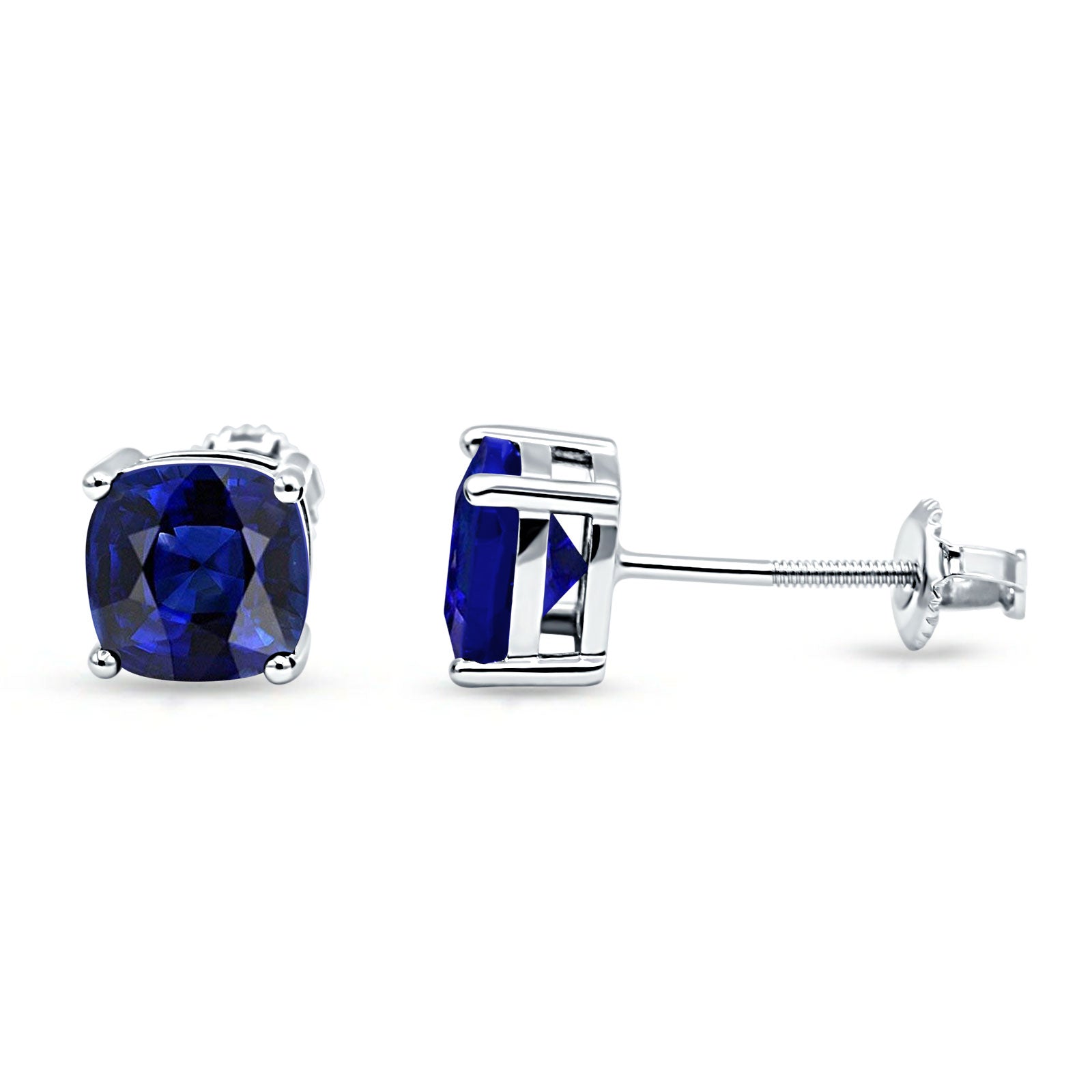 Solitaire Screw Back Stud Earring Excellent Cushion Cut Simulated Blue Sapphire CZ Solid 925 Sterling Silver