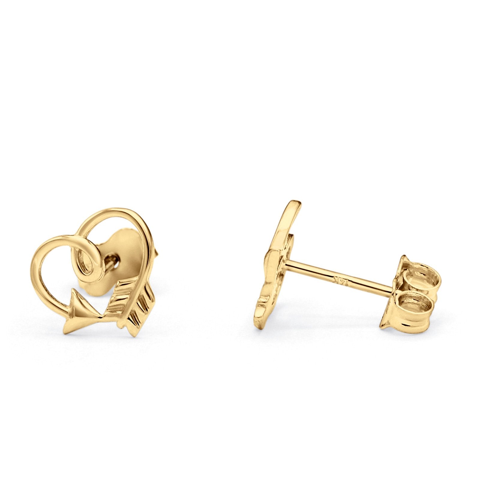 14K Yellow Gold Solid Arrow Heart Love Studs Earring Best Birthday Or Anniversary Valentines Gift