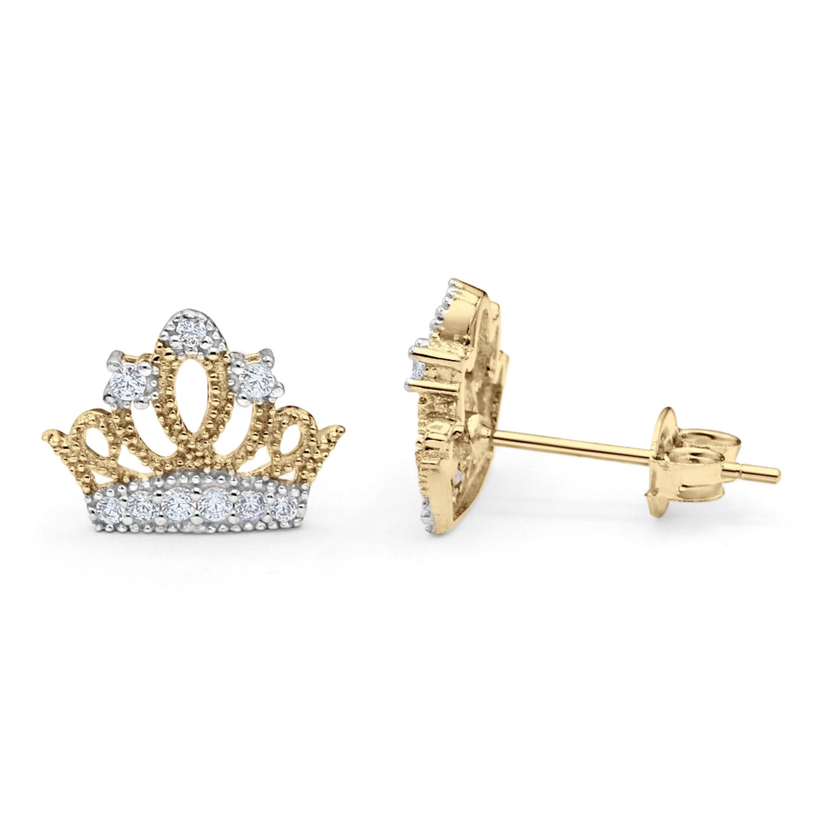 14K Gold Two Tone Micropave Crown Post Tiny Studs Earring for Women and Girls