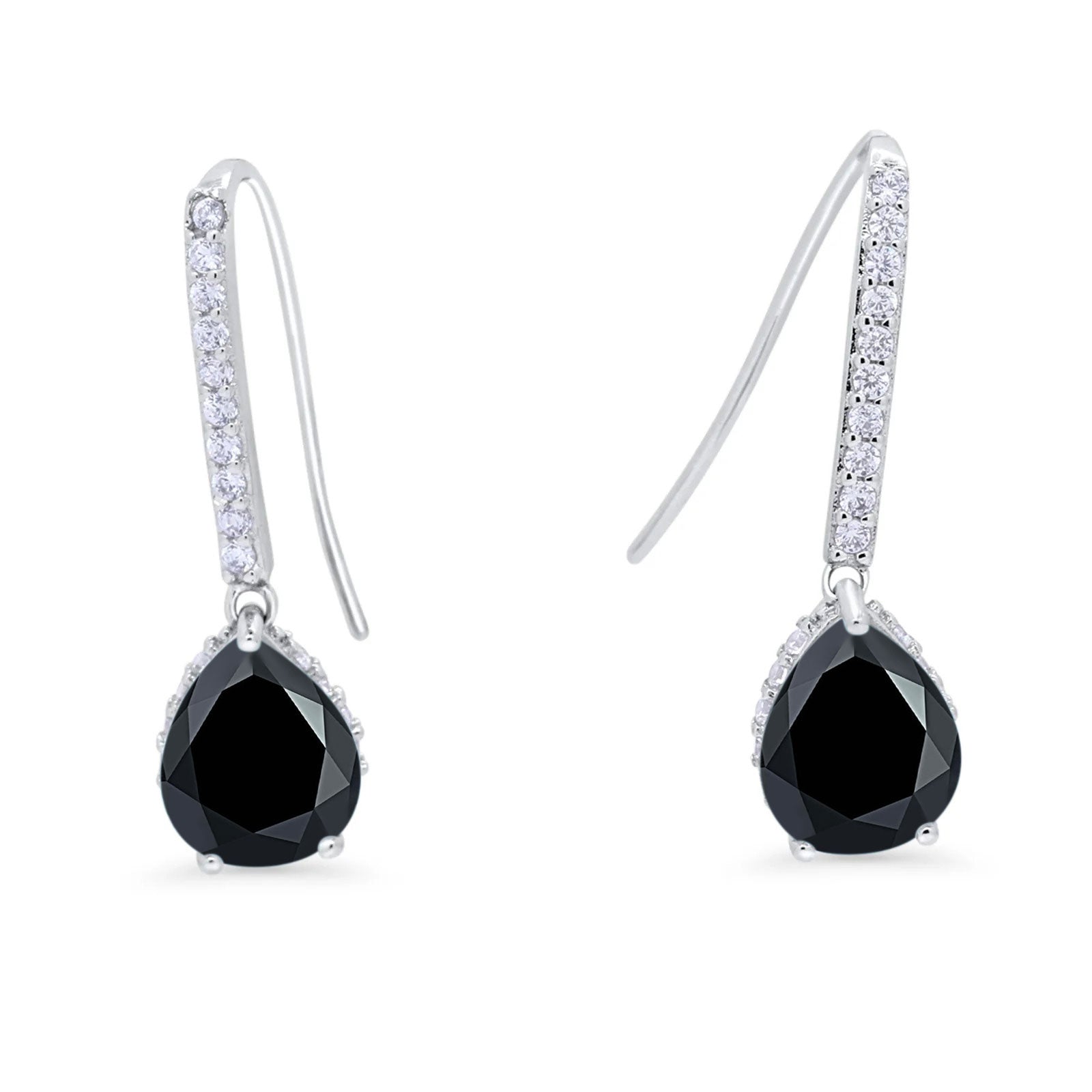 Teardrop Pear Dangling Fish Hook Earrings Black CZ 925 Sterling Silver