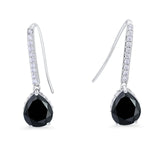 Teardrop Pear Dangling Fish Hook Earrings Black CZ 925 Sterling Silver