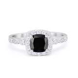 Halo Cushion Wedding Ring Bridal Simulated Black CZ 925 Sterling Silver