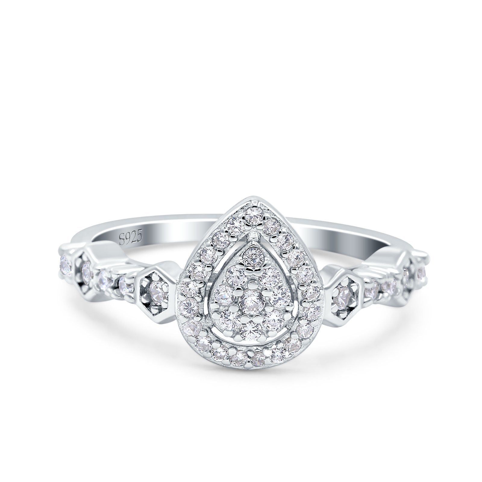 Teardrop Art Deco Ring Pear Wedding Band Round Pave Simulated Cubic Zirconia 925 Sterling Silver (10mm)