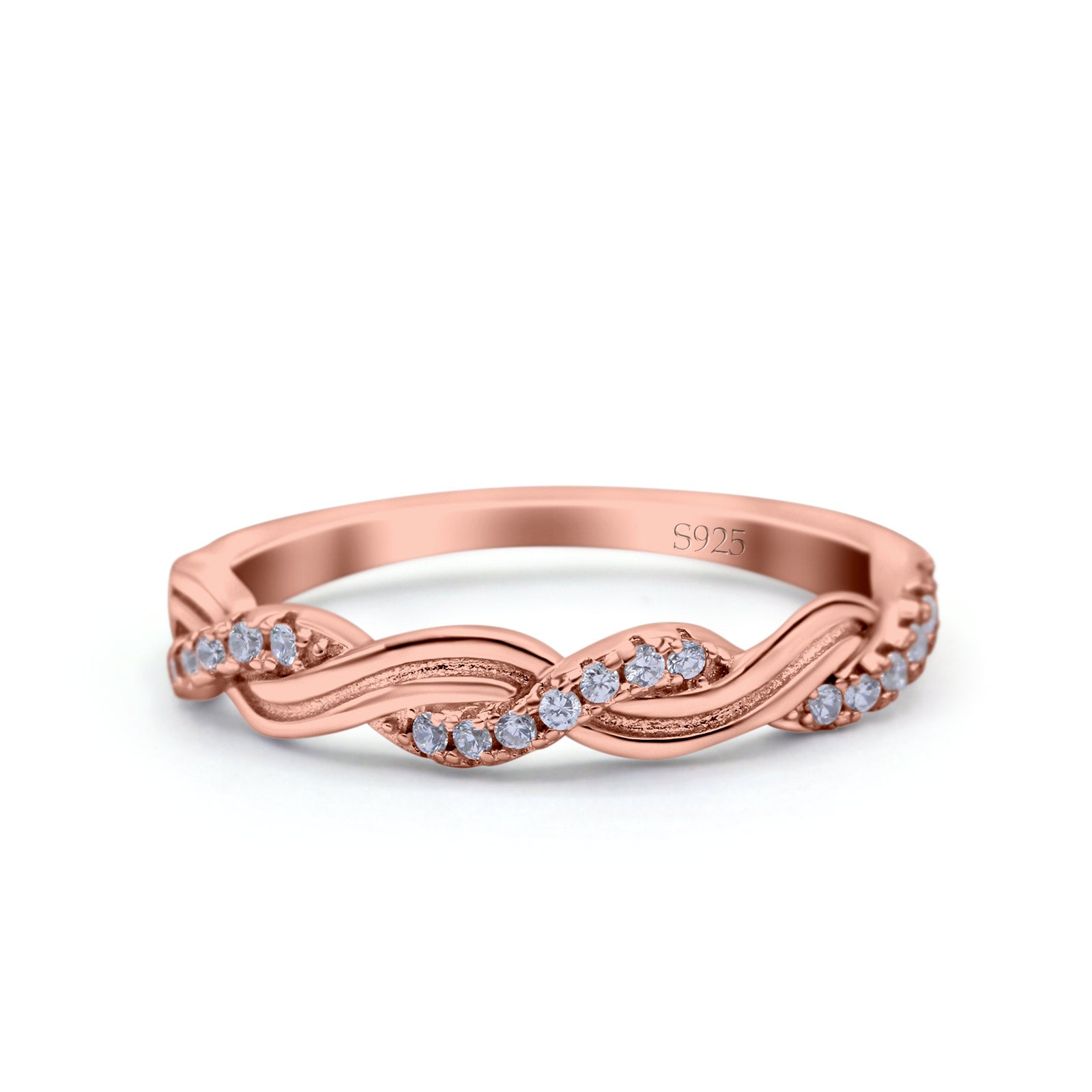 Half Eternity Rope Ring Wedding Band Round Pave Rose Tone, Simulated CZ 925 Sterling Silver (4mm)
