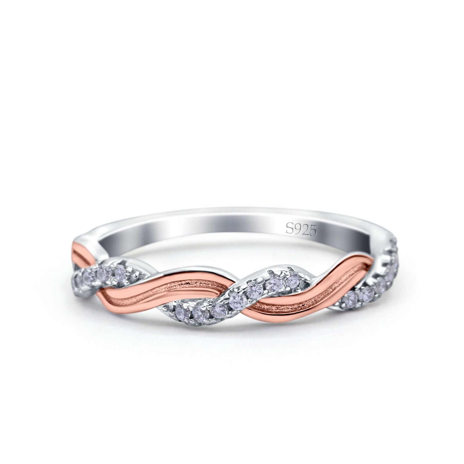 Half Eternity Rope Ring Wedding Band Round Pave Two Tone, Simulated CZ 925 Sterling Silver (4mm)