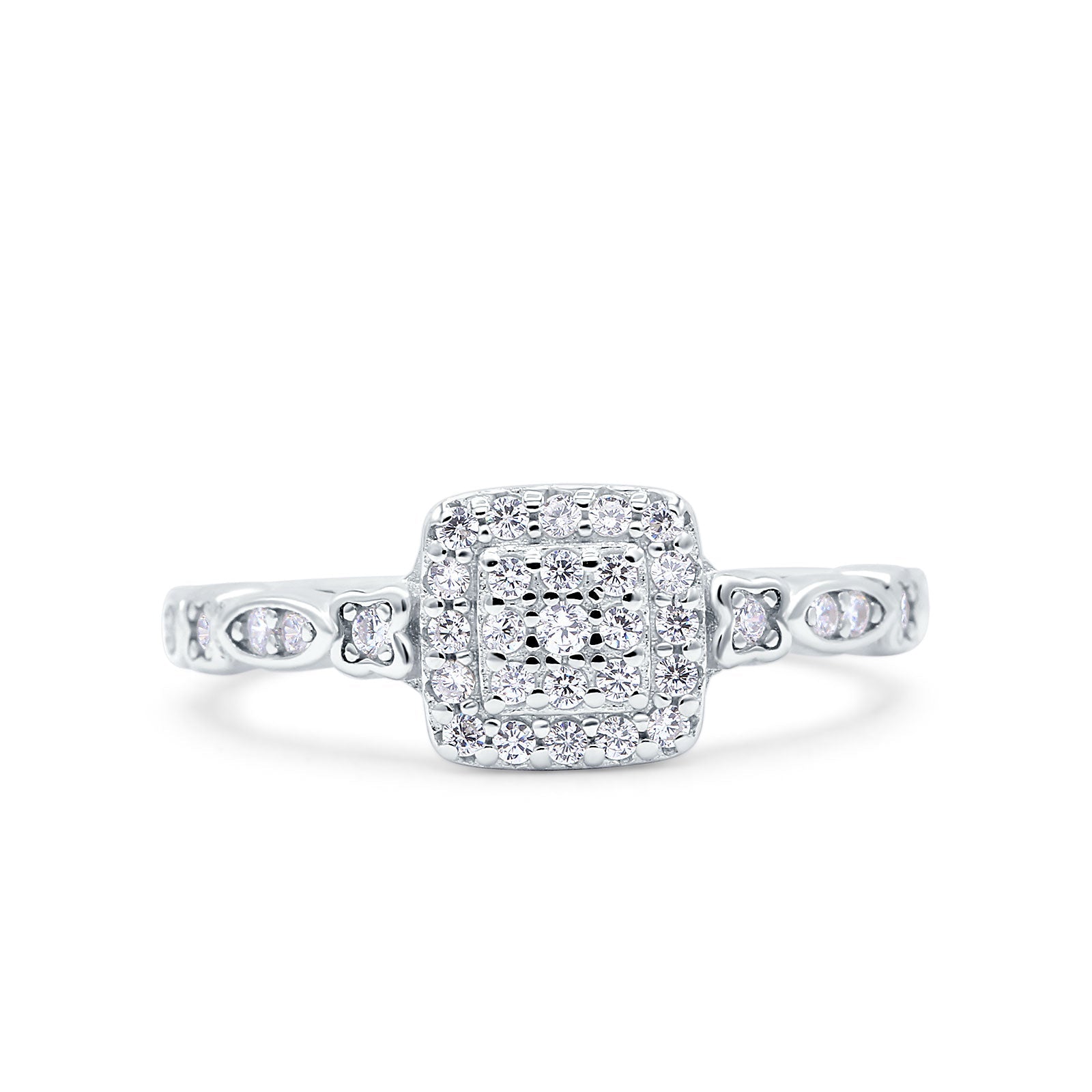 Square Halo Art Deco Wedding Bridal Ring Round Simulated Cubic Zirconia 925 Sterling Silver (8mm)
