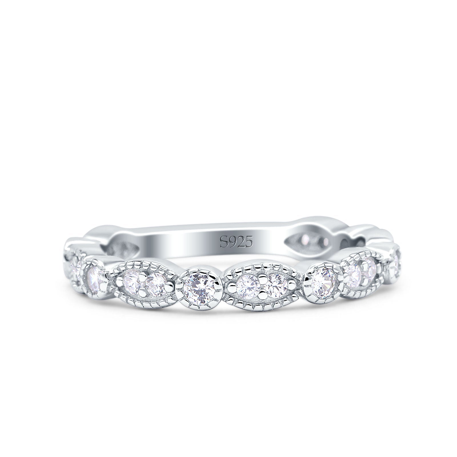 Half Eternity Wedding Band Art Deco Design Round Simulated CZ 925 Sterling Silver (3mm)