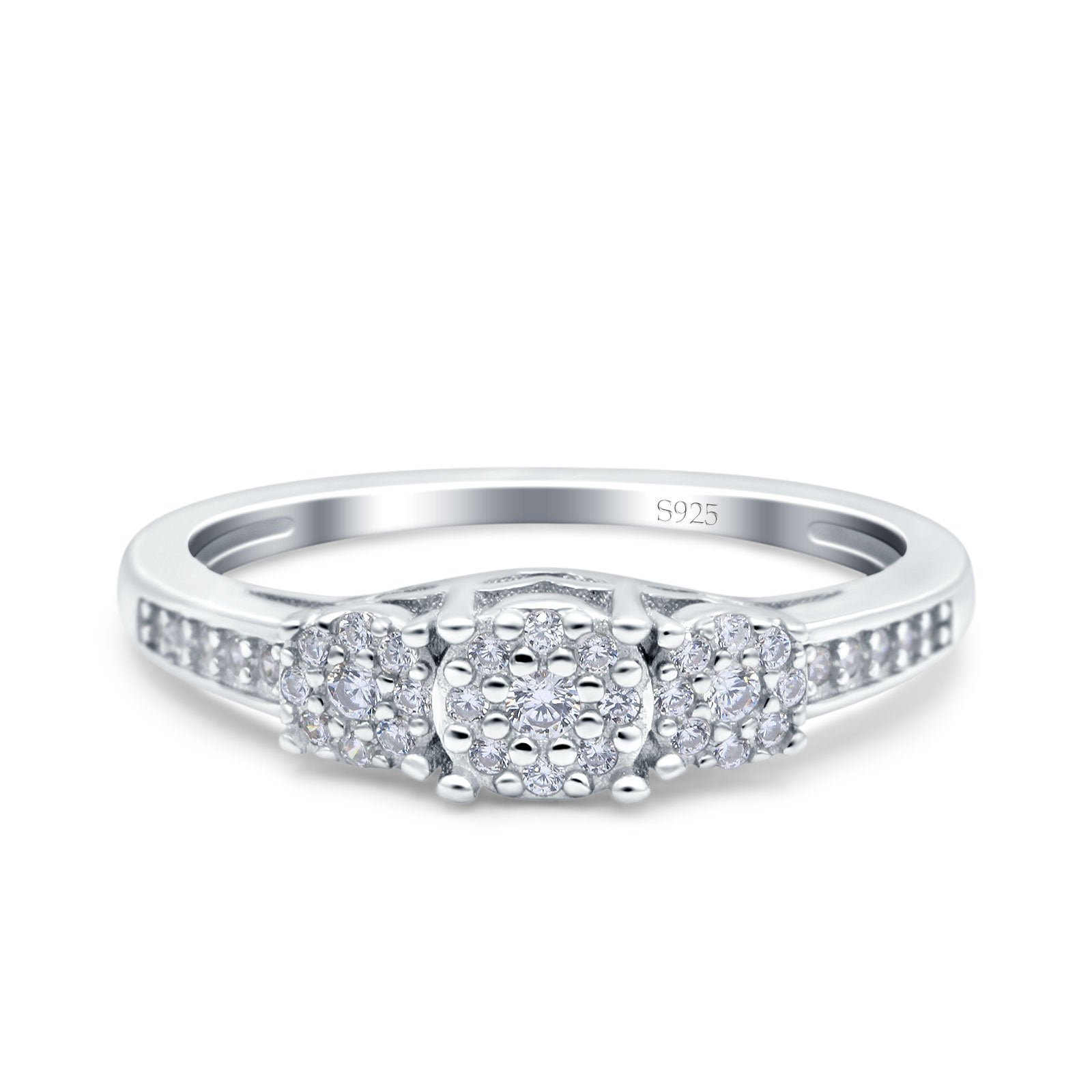 Three Stone Ring Wedding Band Round Pave Simulated Cubic Zirconia 925 Sterling Silver (5mm)