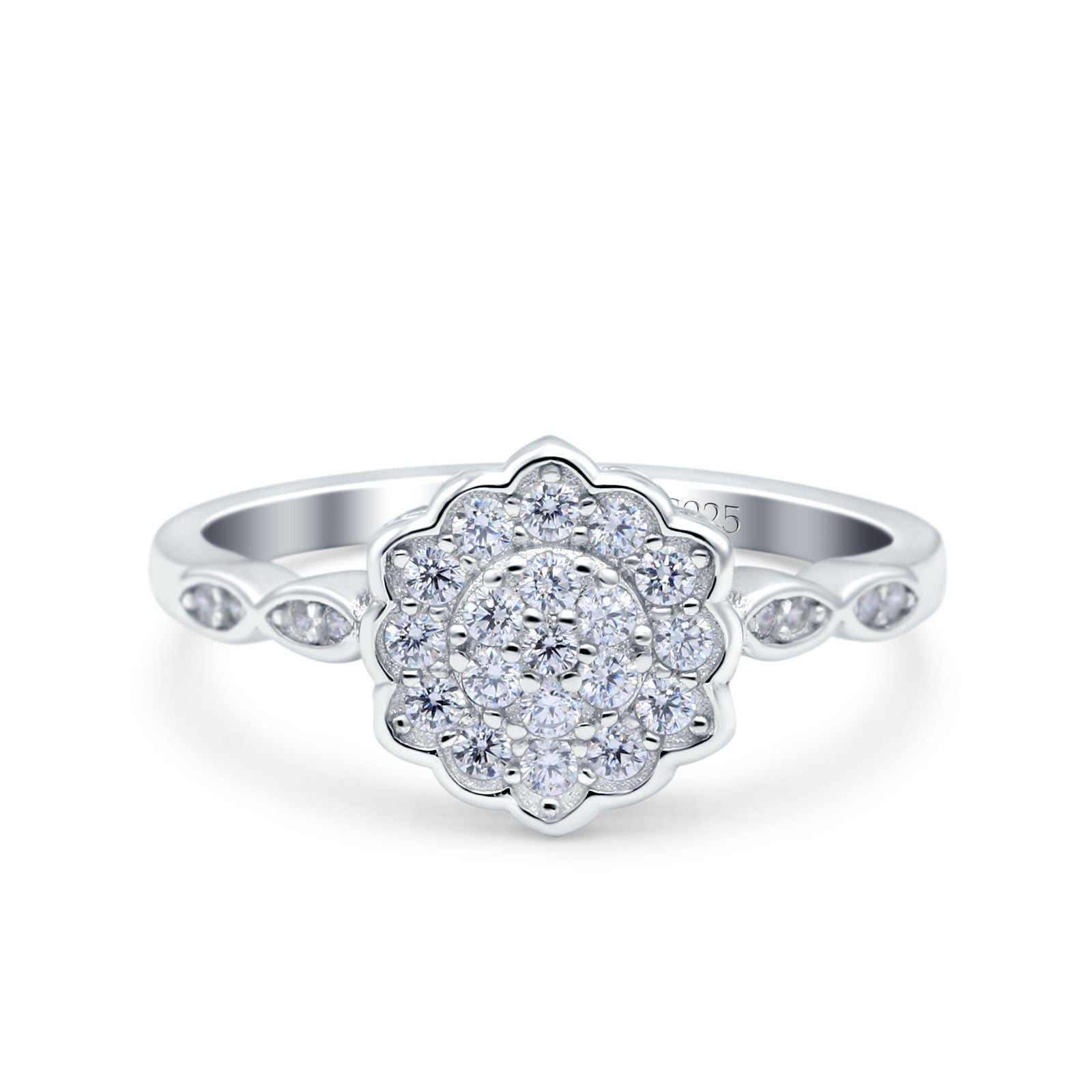 Flower Wedding Band Ring Round Pave Simulated Cubic Zirconia 925 Sterling Silver (10mm)