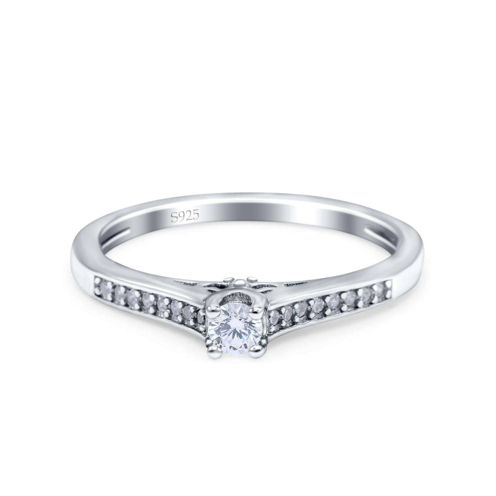 Solitaire Wedding Ring Band Round Pave Simulated Cubic Zirconia 925 Sterling Silver (4mm)