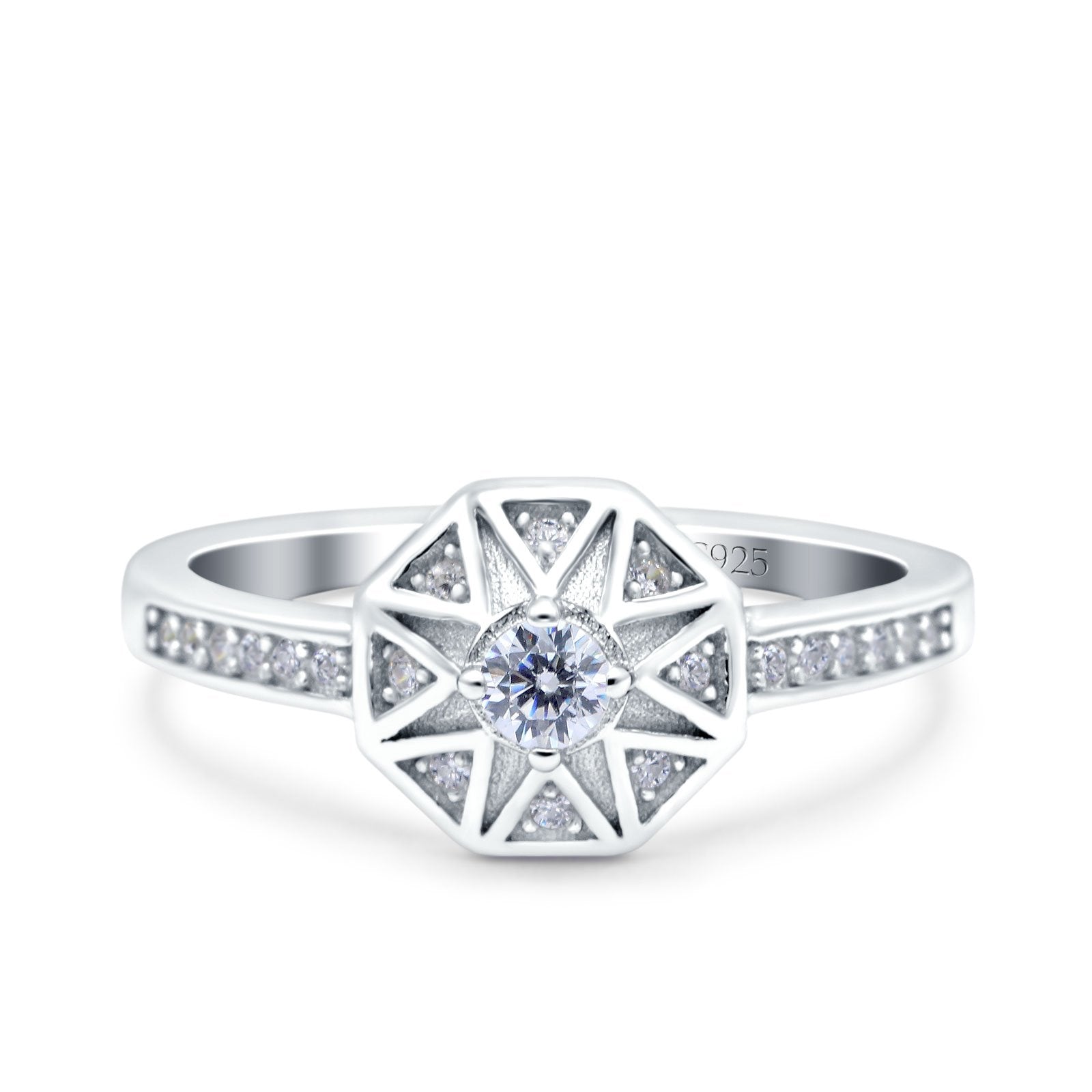 Art Deco Star Wedding Ring Band Round Pave Simulated Cubic Zirconia 925 Sterling Silver (9mm)