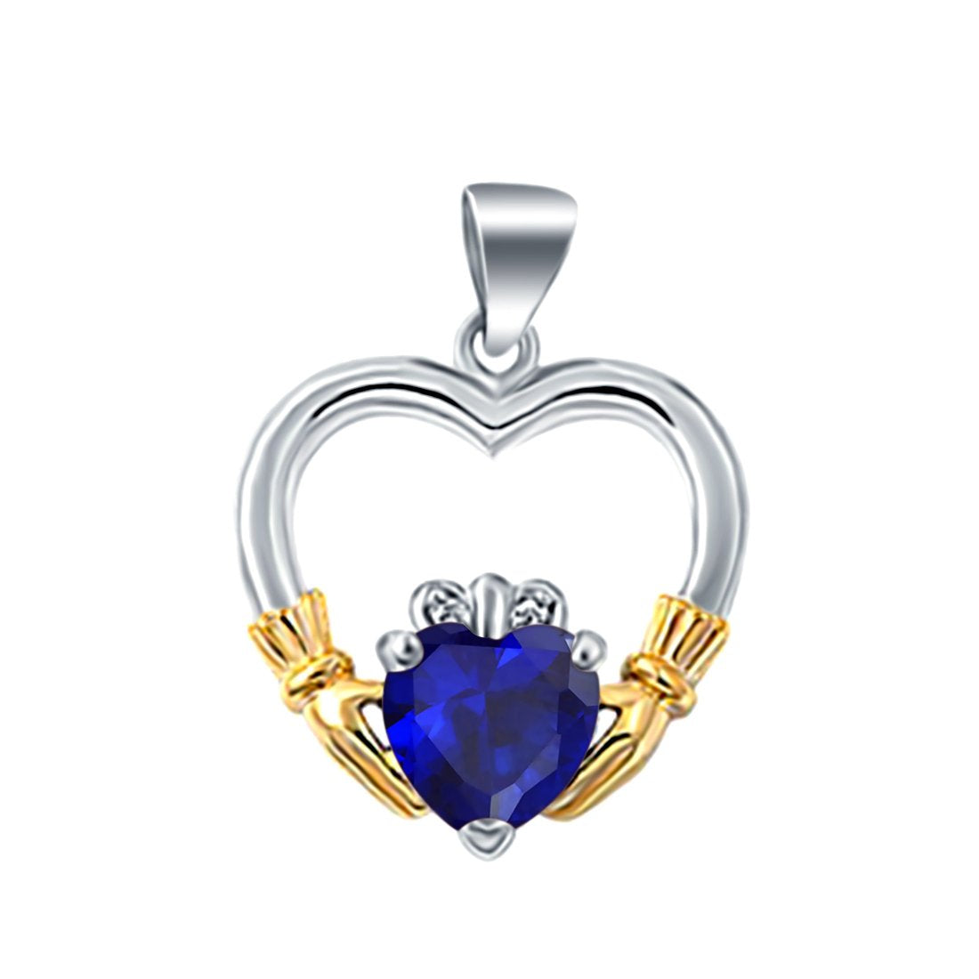 Claddagh Charm Heart Pendant Simulated Blue Sapphire CZ 925 Sterling Silver (21mm)