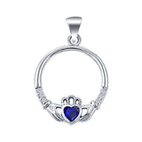 Heart Claddagh Charm Pendant Simulated Blue Sapphire CZ 925 Sterling Silver (21mm)