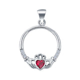 Heart Claddagh Charm Pendant Simulated Ruby CZ 925 Sterling Silver (21mm)
