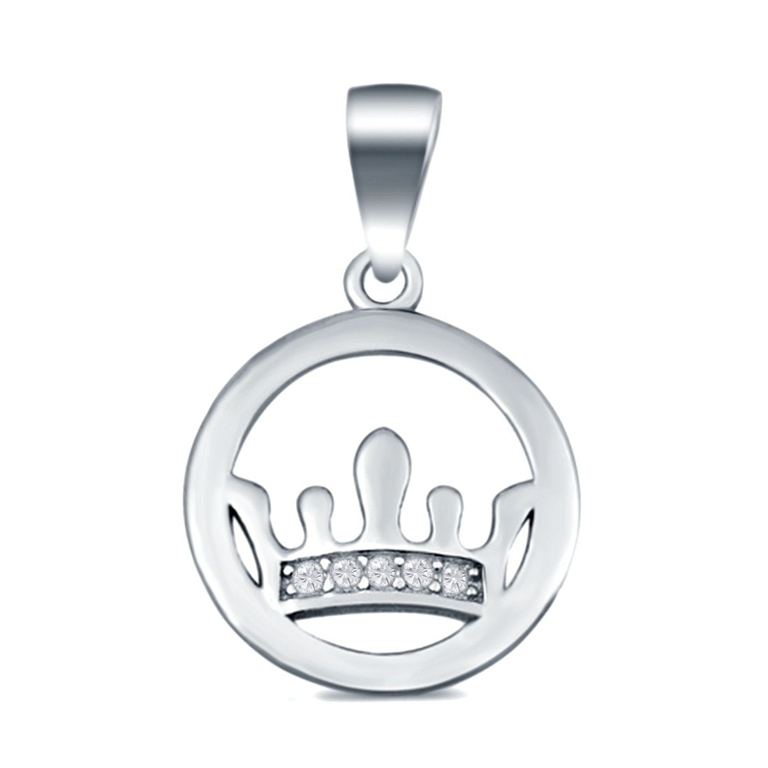 Round Crown Pendant Charm Simulated Cubic Zirconia 925 Sterling Silver