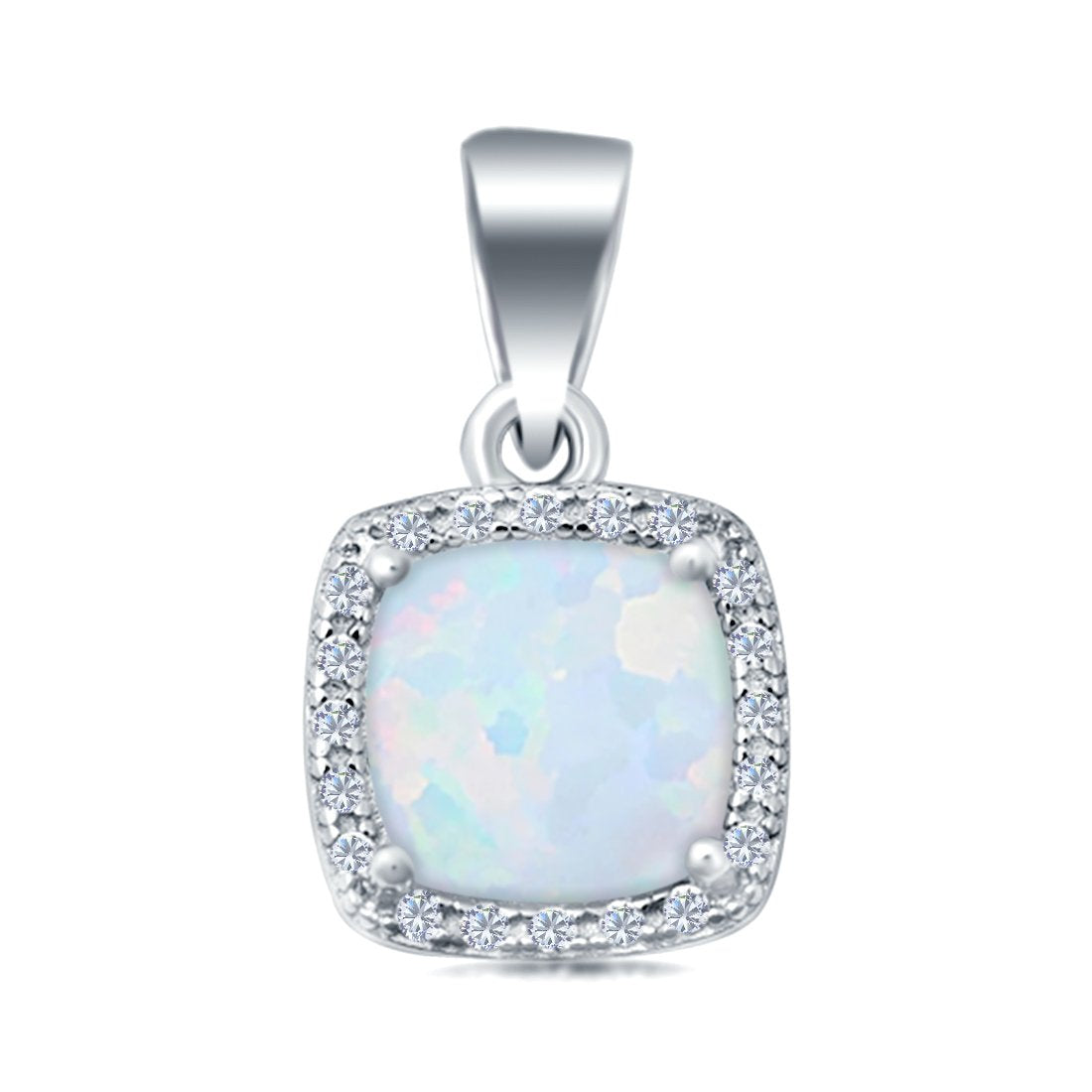 Halo Cushion Charm Pendant Lab Created White Opal Stone 925 Sterling Silver