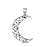 Crescent Moon & Hearts Pendant Charm 925 Sterling Silver (25mm)
