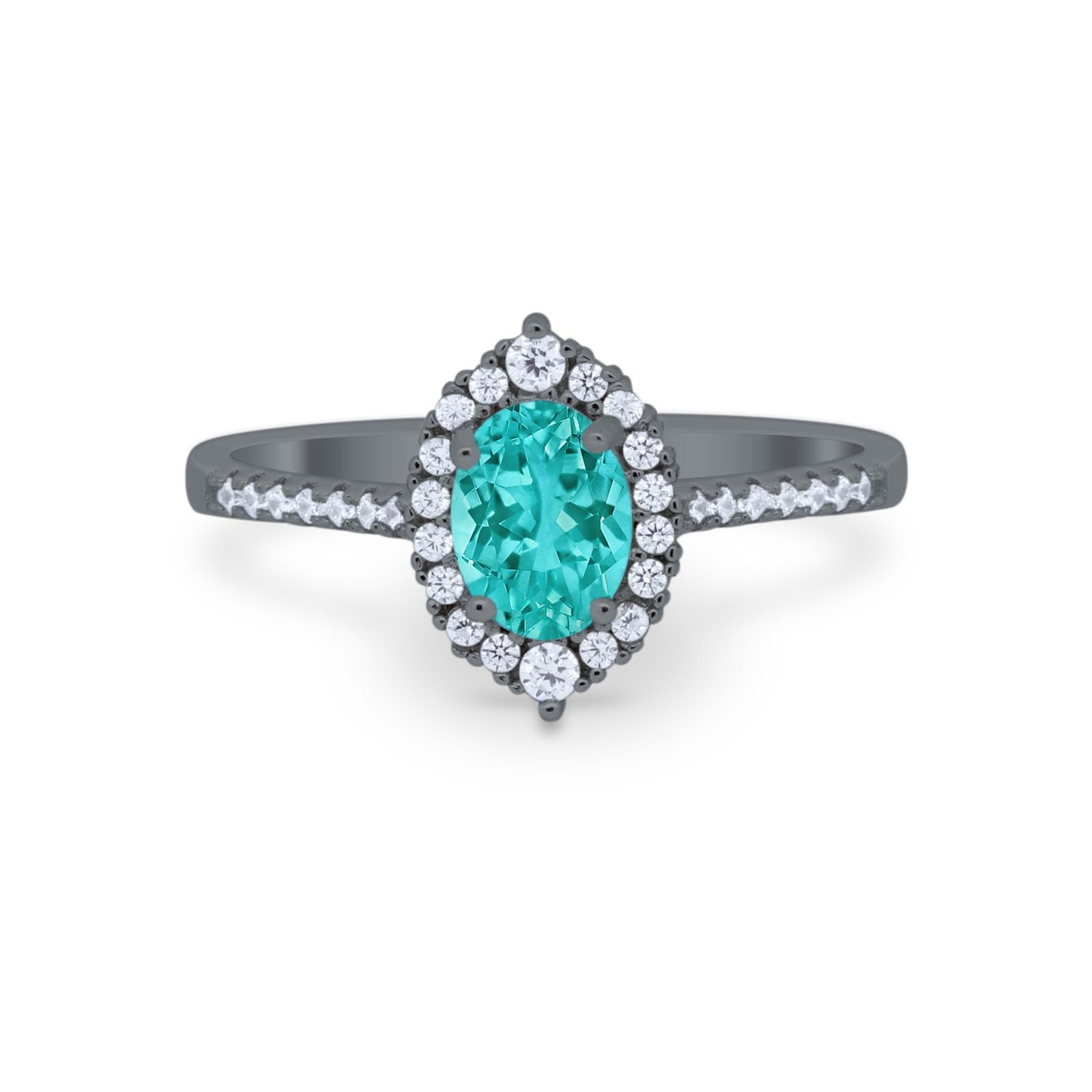 Oval Wedding Ring Halo Vintage Black Tone, Simulated Paraiba Tourmaline CZ 925 Sterling Silver