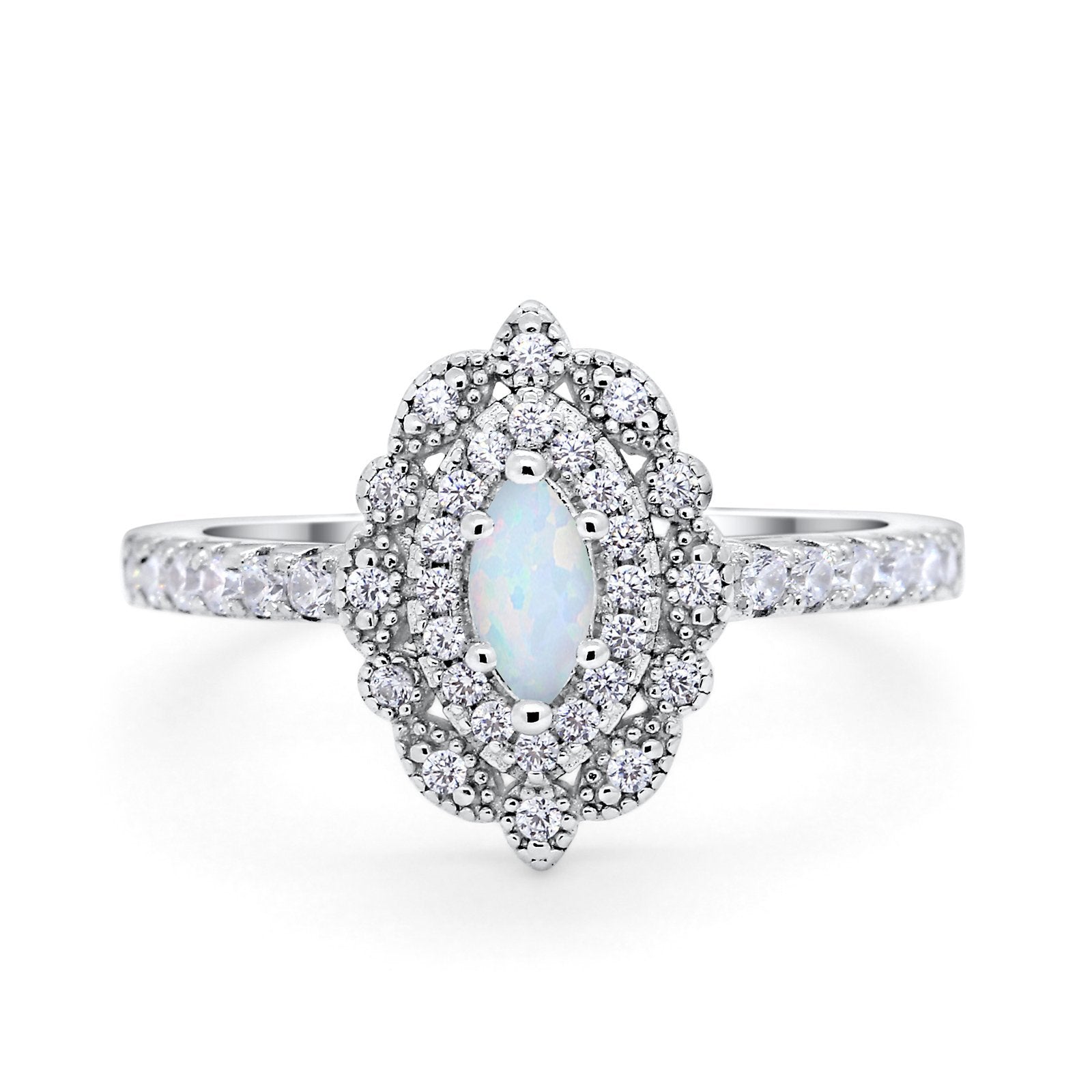 Art Deco Marquise Wedding Ring Lab Created White Opal 925 Sterling Silver