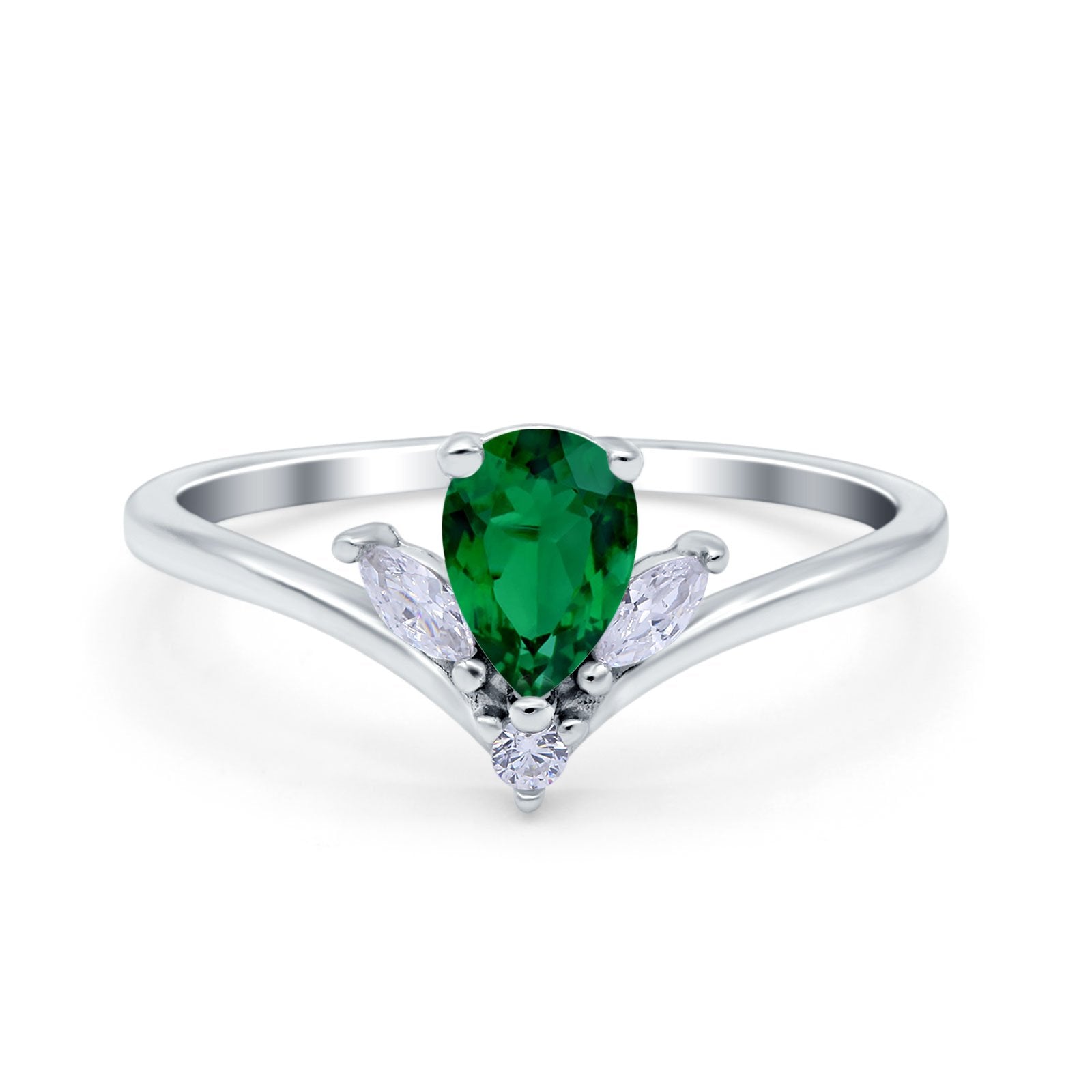 Teardrop Pear Art Deco Engagement Ring Simulated Green Emerald CZ 925 Sterling Silver