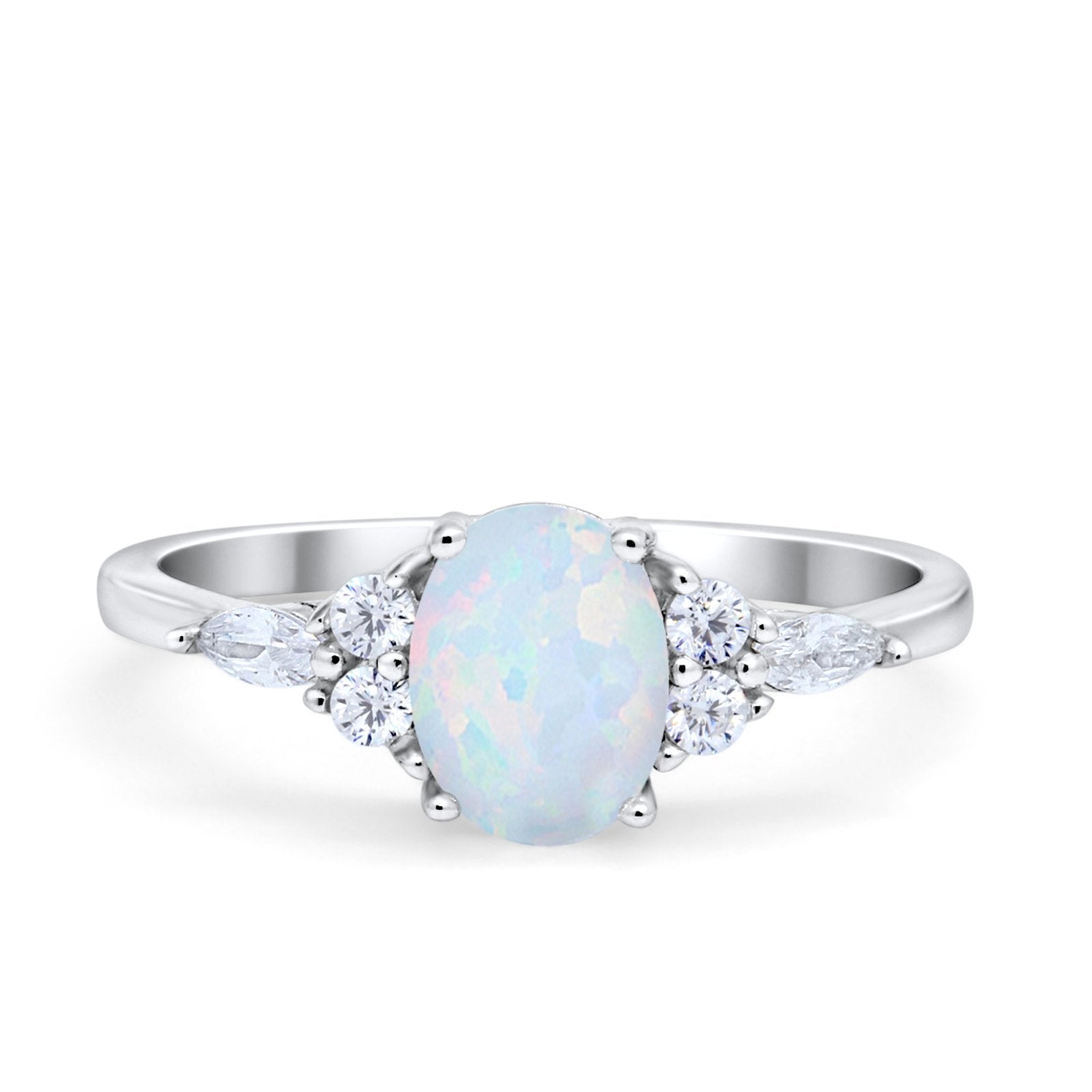 Art Deco Oval Wedding Ring Marquise Lab Created White Opal 925 Sterling Silver