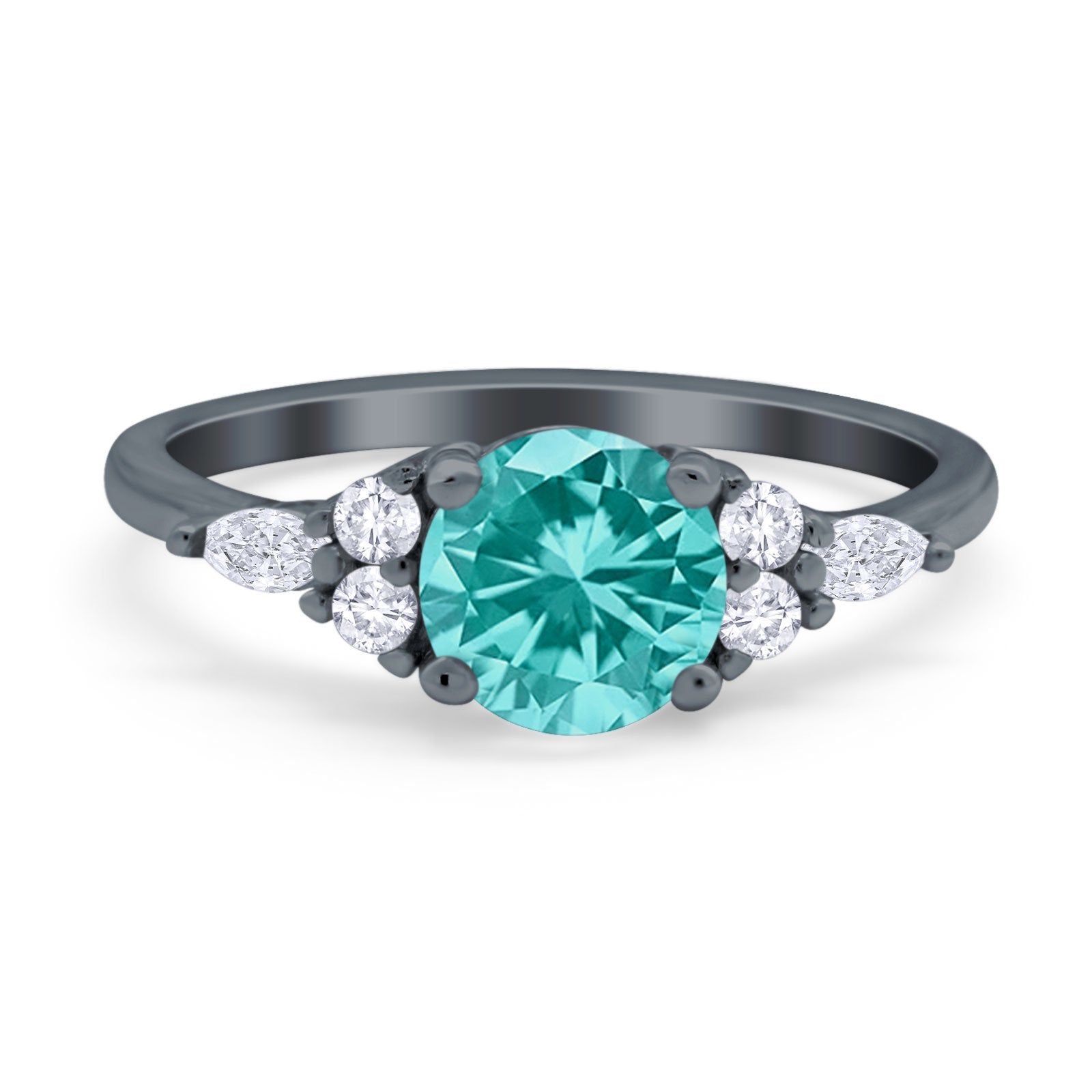Art Deco Engagement Ring Round Black Tone, Simulated Paraiba Tourmaline CZ 925 Sterling Silver