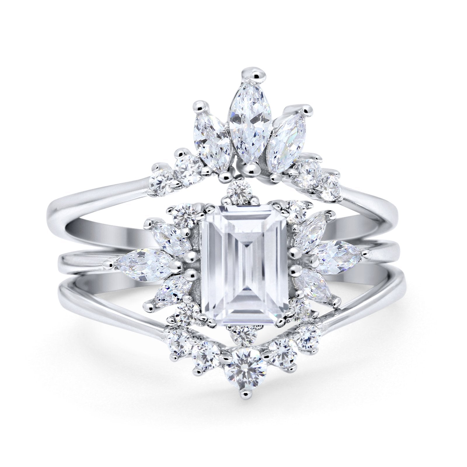 Three Piece Bridal Set Ring Round Simulated Cubic Zirconia 925 Sterling Silver