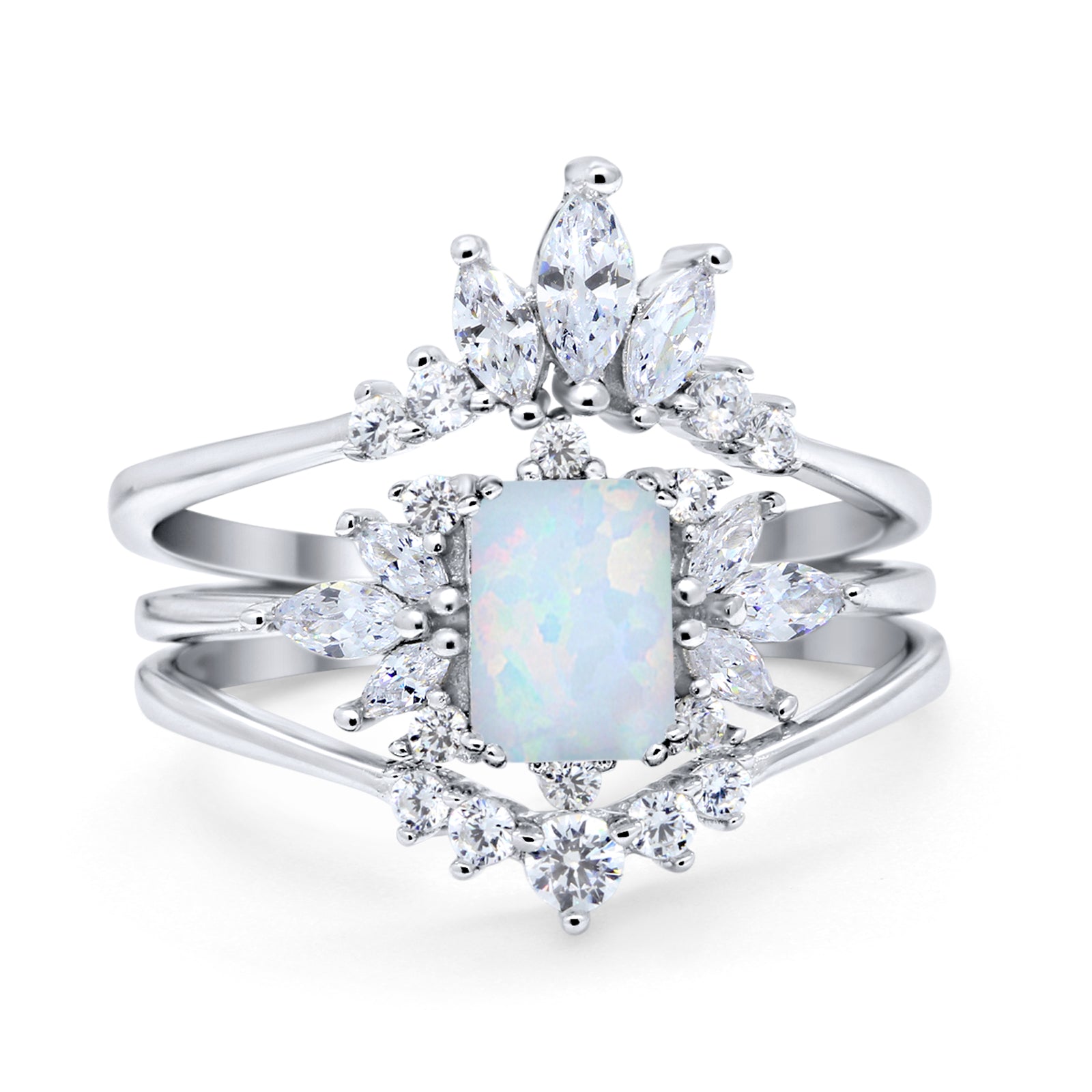 Emerald Cut Wedding Ring Three Piece Bridal Set Lab Created White Opal 925 Sterling Silver