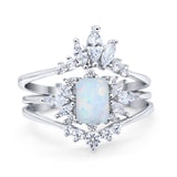 Emerald Cut Wedding Ring Three Piece Bridal Set Lab Created White Opal 925 Sterling Silver