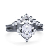 Art Deco Two Piece Wedding Ring Emerald Cut Black Tone, Simulated Cubic Zirconia 925 Sterling Silver