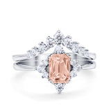 Art Deco Two Piece Wedding Ring Emerald Cut Simulated Morganite CZ 925 Sterling Silver