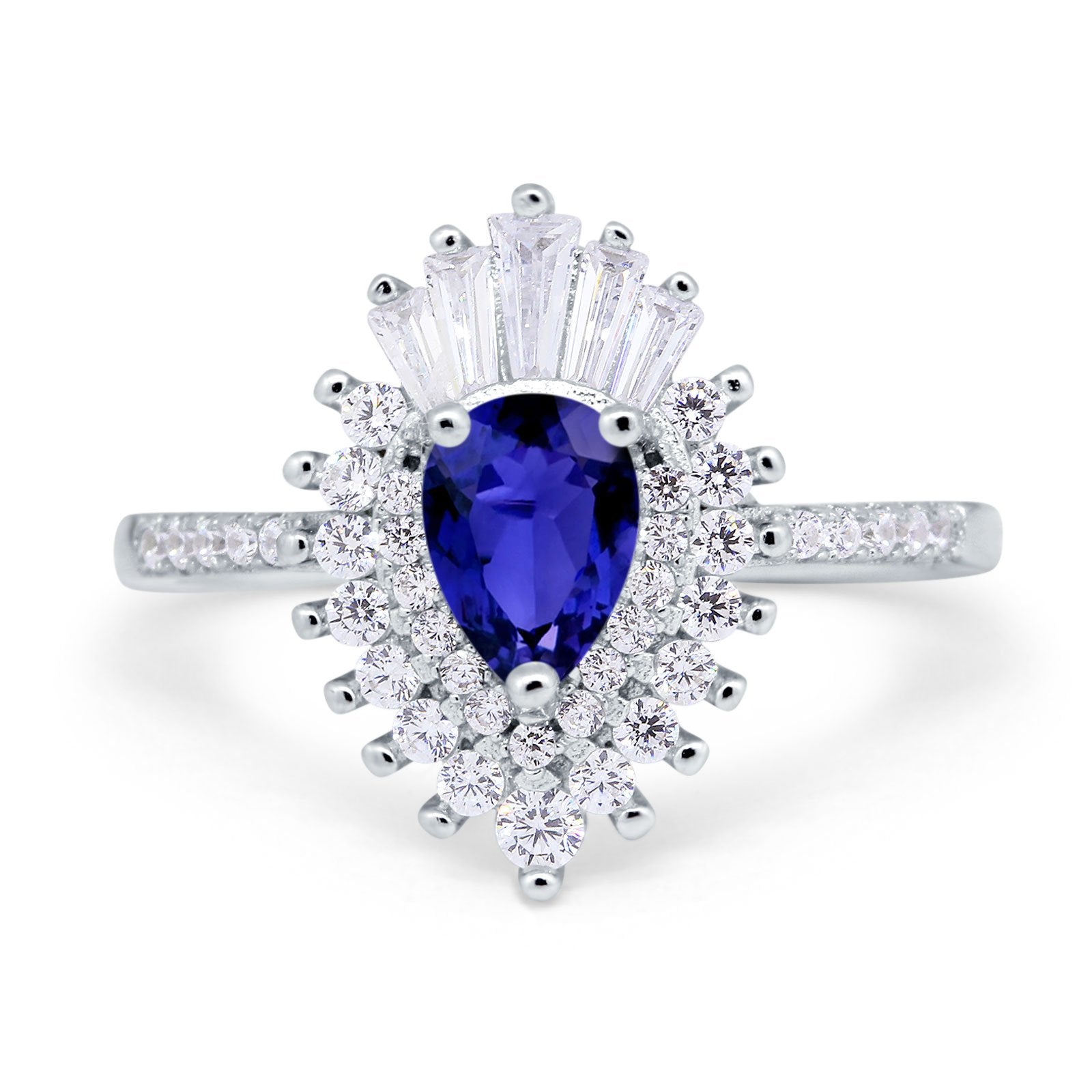 Art Deco Teardrop Pear Wedding Ring Simulated Blue Sapphire CZ 925 Sterling Silver