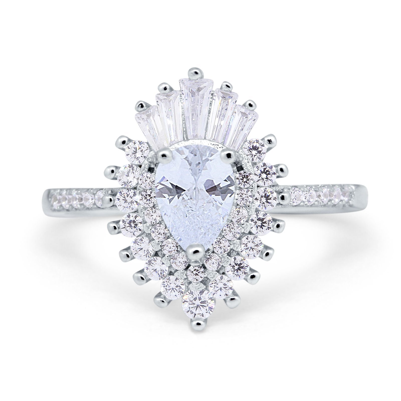 Pear Engagement Ring Baguette Simulated Cubic Zirconia 925 Sterling Silver